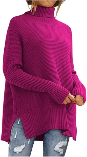 Women's Oversized Pullover Solid Turtle Neck Batwing Striped Knitted Sweater Slit Wide Hem Loose Fit Outwear Sweater