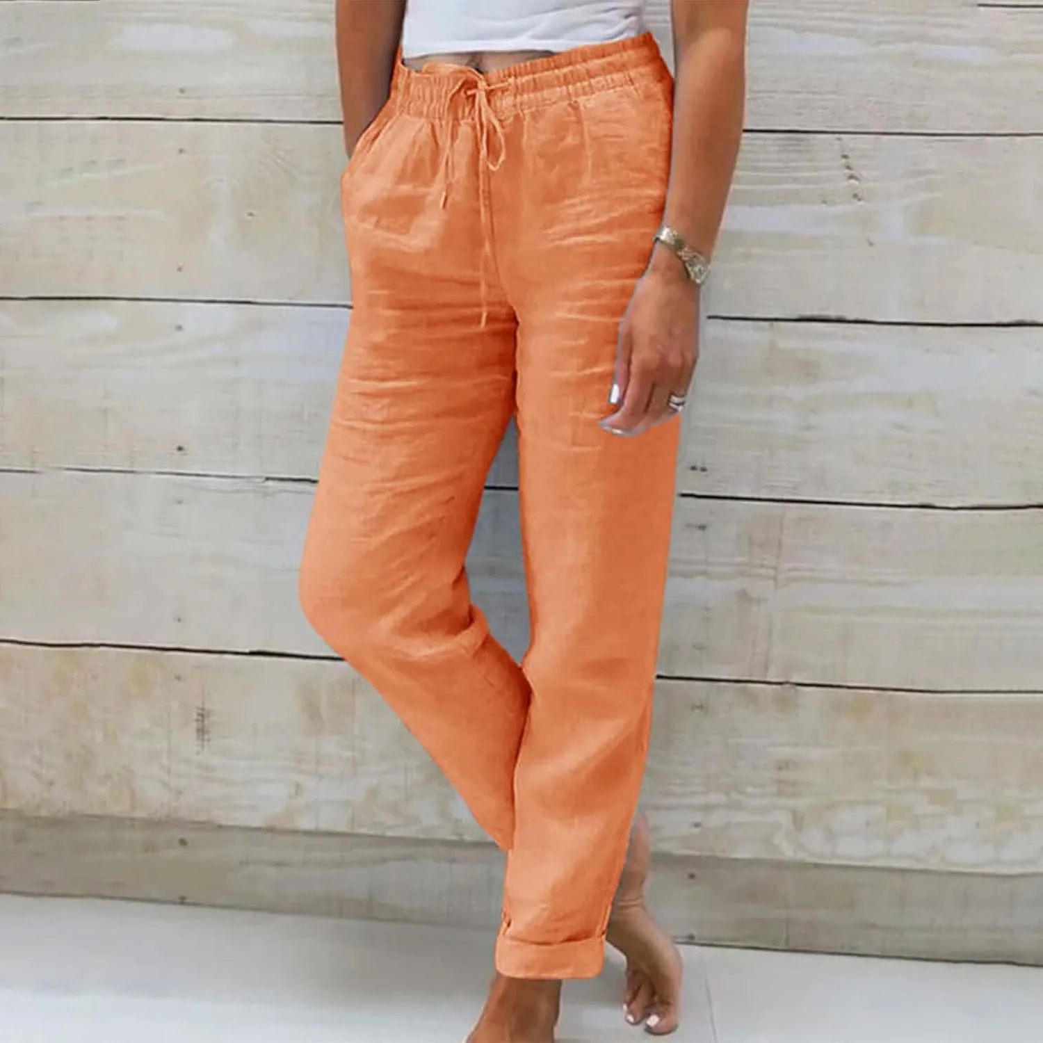Womens Pajama Pants Cotton Palazzo Pants Wide Leg Long Pant Trousers with Pocket Lightweight Elastic Waist Pant