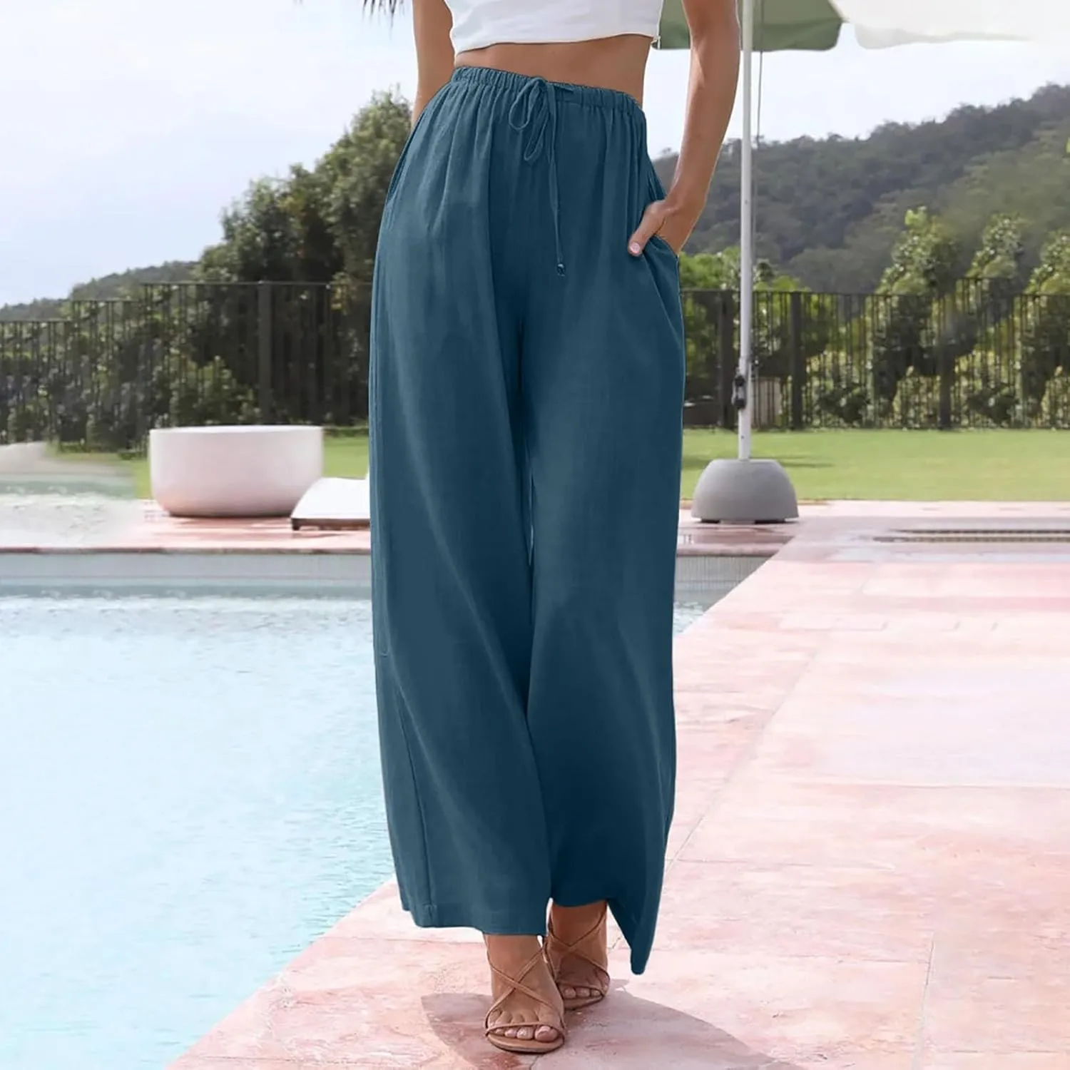 Women's Palazzo Pants,Drawstring Wide Leg High Rise Casual Trousers,Summer Fashion Loose Straight Leg Pants