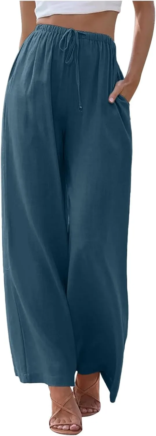 Women's Palazzo Pants,Drawstring Wide Leg High Rise Casual Trousers,Summer Fashion Loose Straight Leg Pants