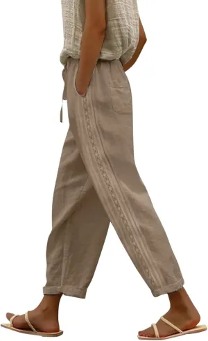 Womens Pants, Linen Peasant Pants Casual Straight Leg Trendy Elastic Waist Drawstring