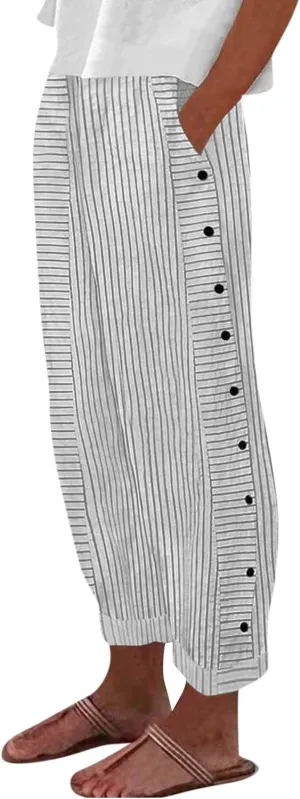 Women's Pants Summer Striped Wide Leg Pants Side Button Lightweight Beach Elastic Waist Casual Cropped Pant w/Pockets