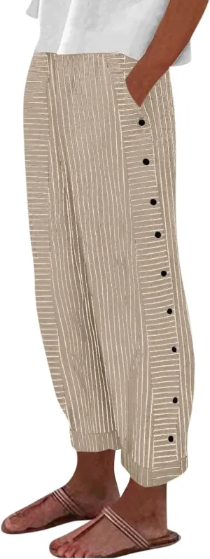 Women's Pants Summer Striped Wide Leg Pants Side Button Lightweight Beach Elastic Waist Casual Cropped Pant w/Pockets