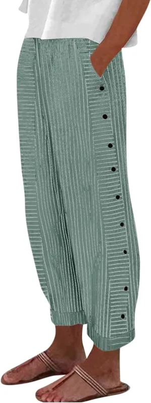 Women's Pants Summer Striped Wide Leg Pants Side Button Lightweight Beach Elastic Waist Casual Cropped Pant w/Pockets