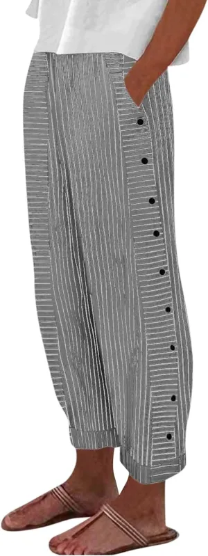 Women's Pants Summer Striped Wide Leg Pants Side Button Lightweight Beach Elastic Waist Casual Cropped Pant w/Pockets