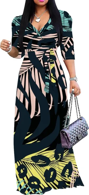 Womens Plus Size Fall Dresses Sexy Bodycon V Neck Maxi Dress Wrap Dress 3/4 Sleeve Boho Casual Floral A-Line Skirts