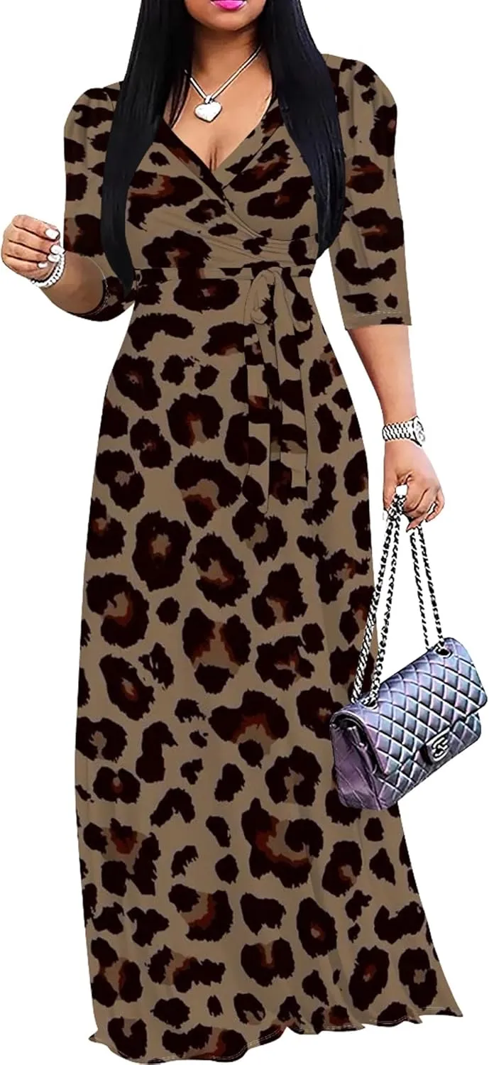 Womens Plus Size Fall Dresses Sexy Bodycon V Neck Maxi Dress Wrap Dress 3/4 Sleeve Boho Casual Floral A-Line Skirts