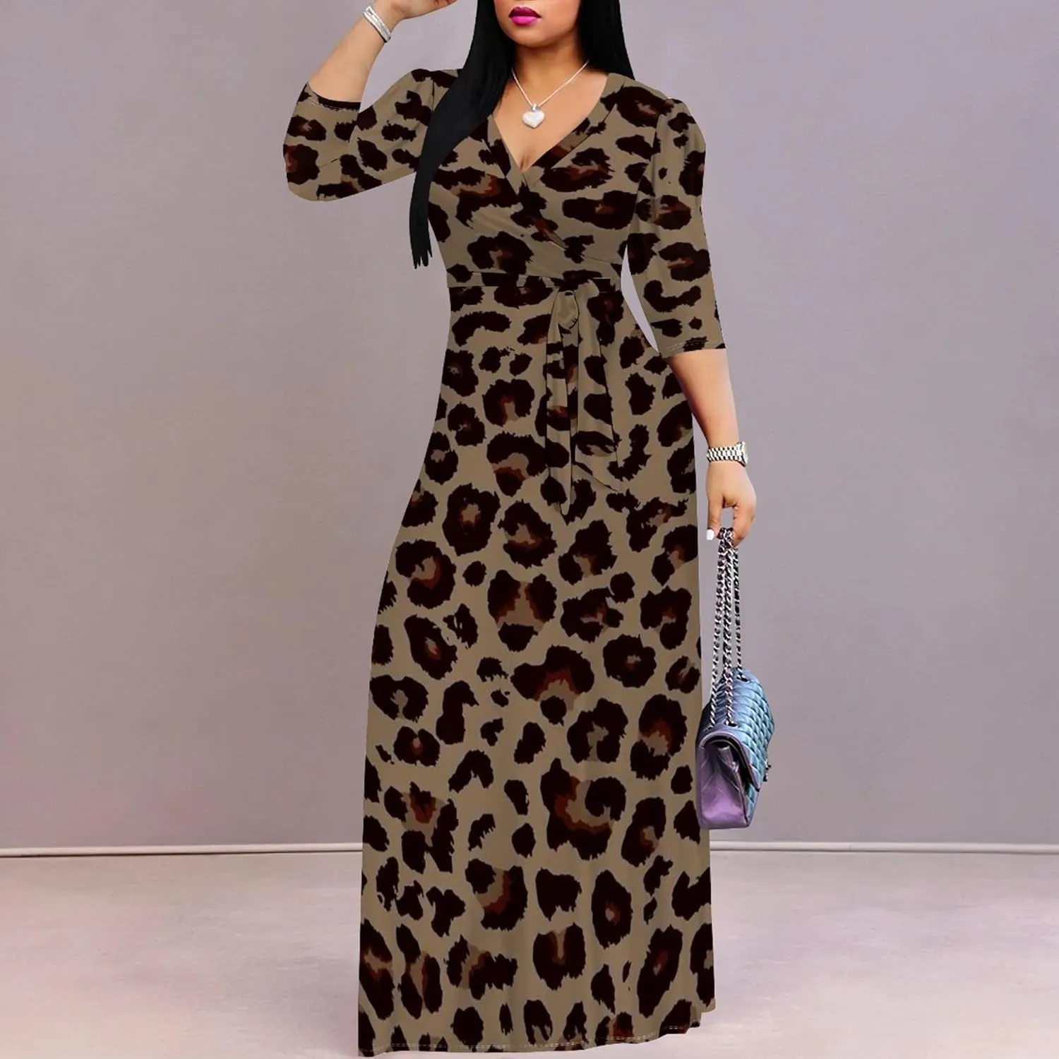 Womens Plus Size Fall Dresses Sexy Bodycon V Neck Maxi Dress Wrap Dress 3/4 Sleeve Boho Casual Floral A-Line Skirts