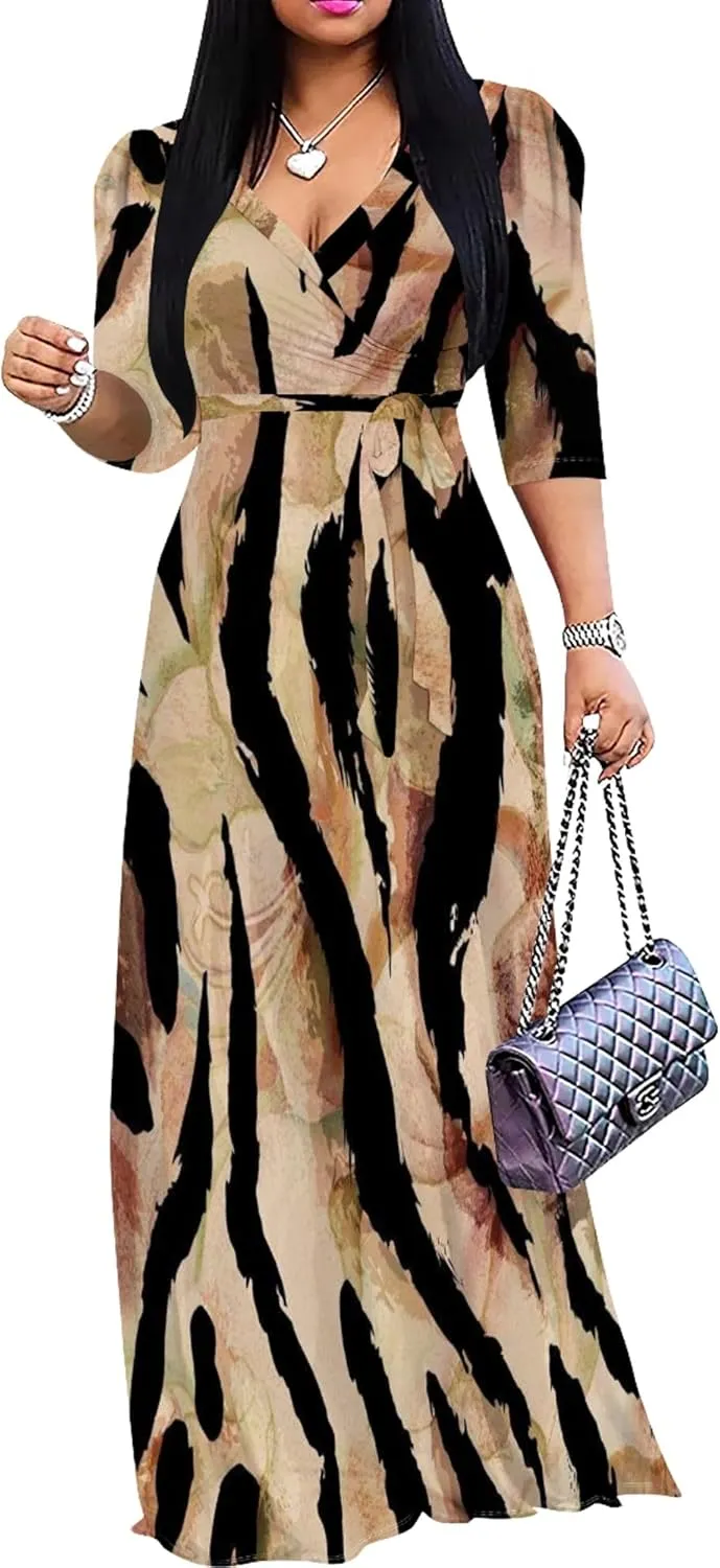 Womens Plus Size Fall Dresses Sexy Bodycon V Neck Maxi Dress Wrap Dress 3/4 Sleeve Boho Casual Floral A-Line Skirts