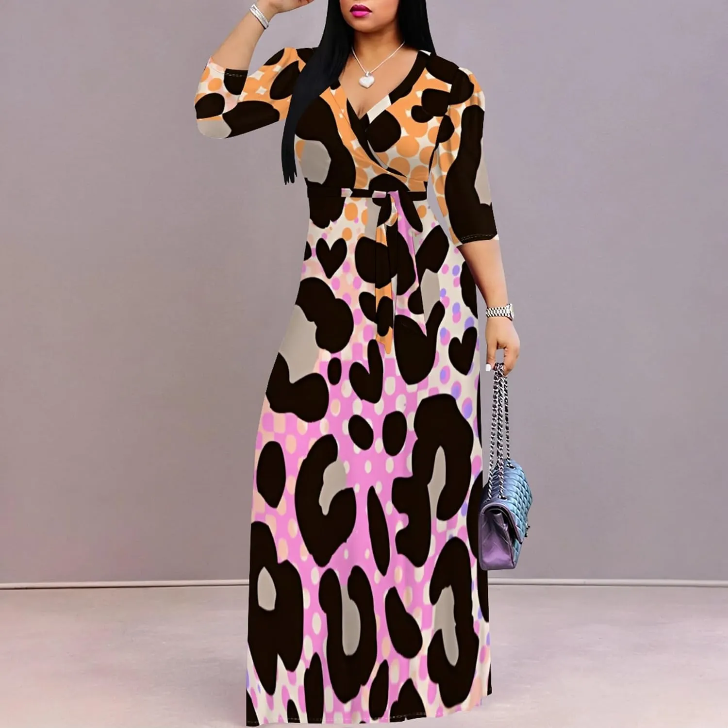 Womens Plus Size Fall Dresses Sexy Bodycon V Neck Maxi Dress Wrap Dress 3/4 Sleeve Boho Casual Floral A-Line Skirts
