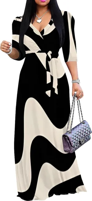 Womens Plus Size Fall Dresses Sexy Bodycon V Neck Maxi Dress Wrap Dress 3/4 Sleeve Boho Casual Floral A-Line Skirts