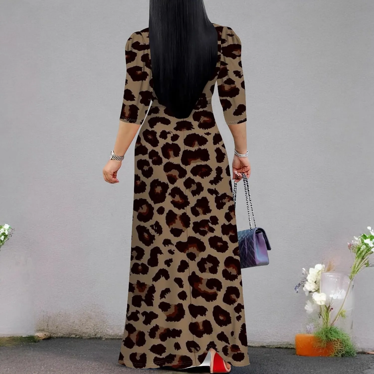Womens Plus Size Fall Dresses Sexy Bodycon V Neck Maxi Dress Wrap Dress 3/4 Sleeve Boho Casual Floral A-Line Skirts