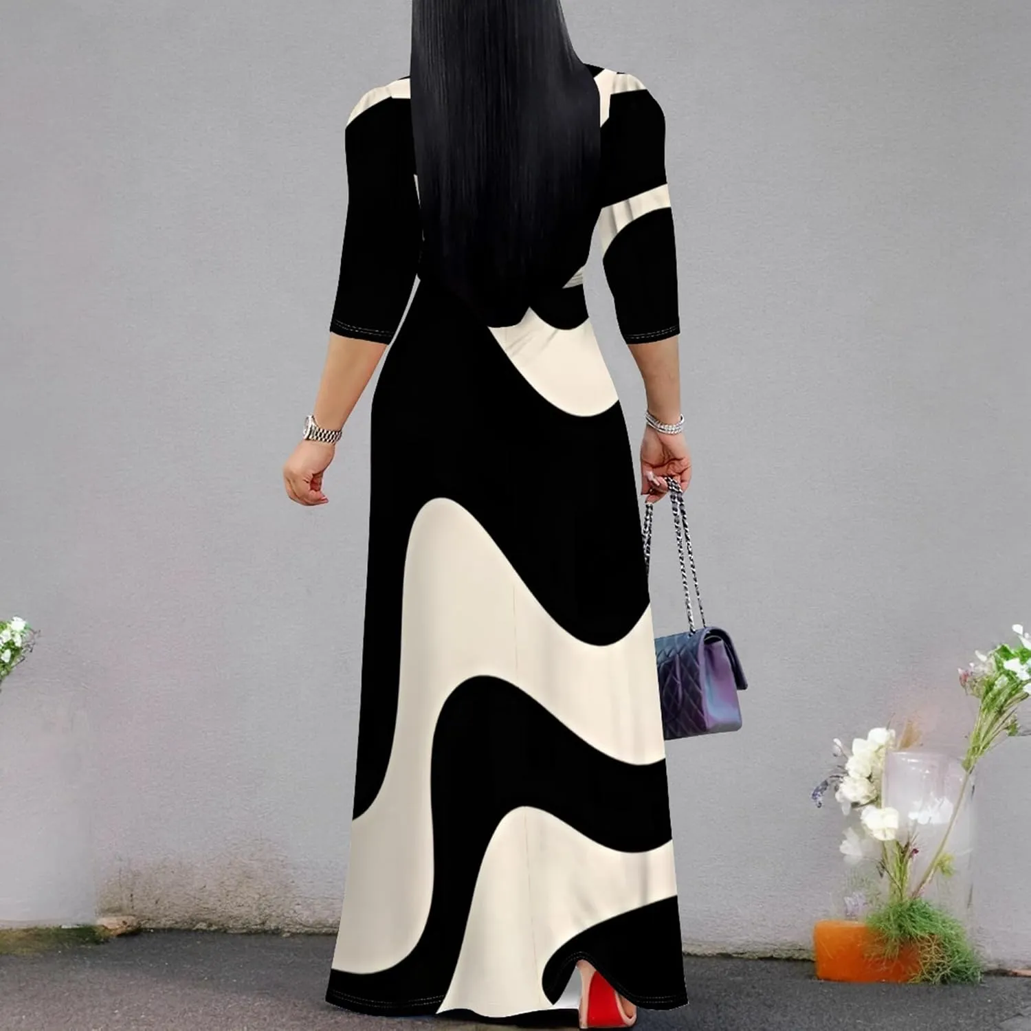 Womens Plus Size Fall Dresses Sexy Bodycon V Neck Maxi Dress Wrap Dress 3/4 Sleeve Boho Casual Floral A-Line Skirts