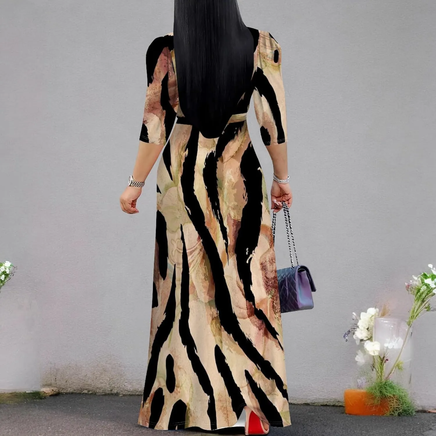 Womens Plus Size Fall Dresses Sexy Bodycon V Neck Maxi Dress Wrap Dress 3/4 Sleeve Boho Casual Floral A-Line Skirts