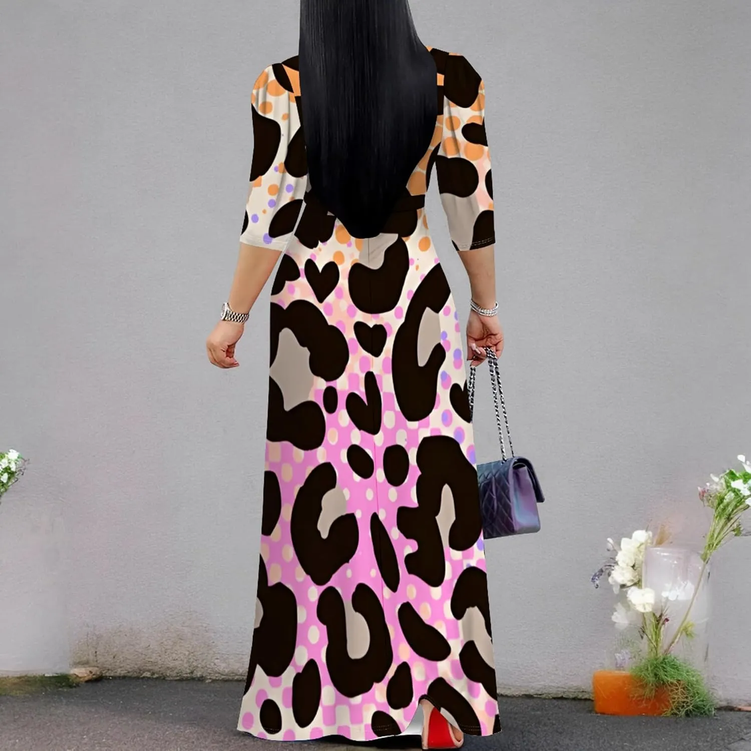 Womens Plus Size Fall Dresses Sexy Bodycon V Neck Maxi Dress Wrap Dress 3/4 Sleeve Boho Casual Floral A-Line Skirts