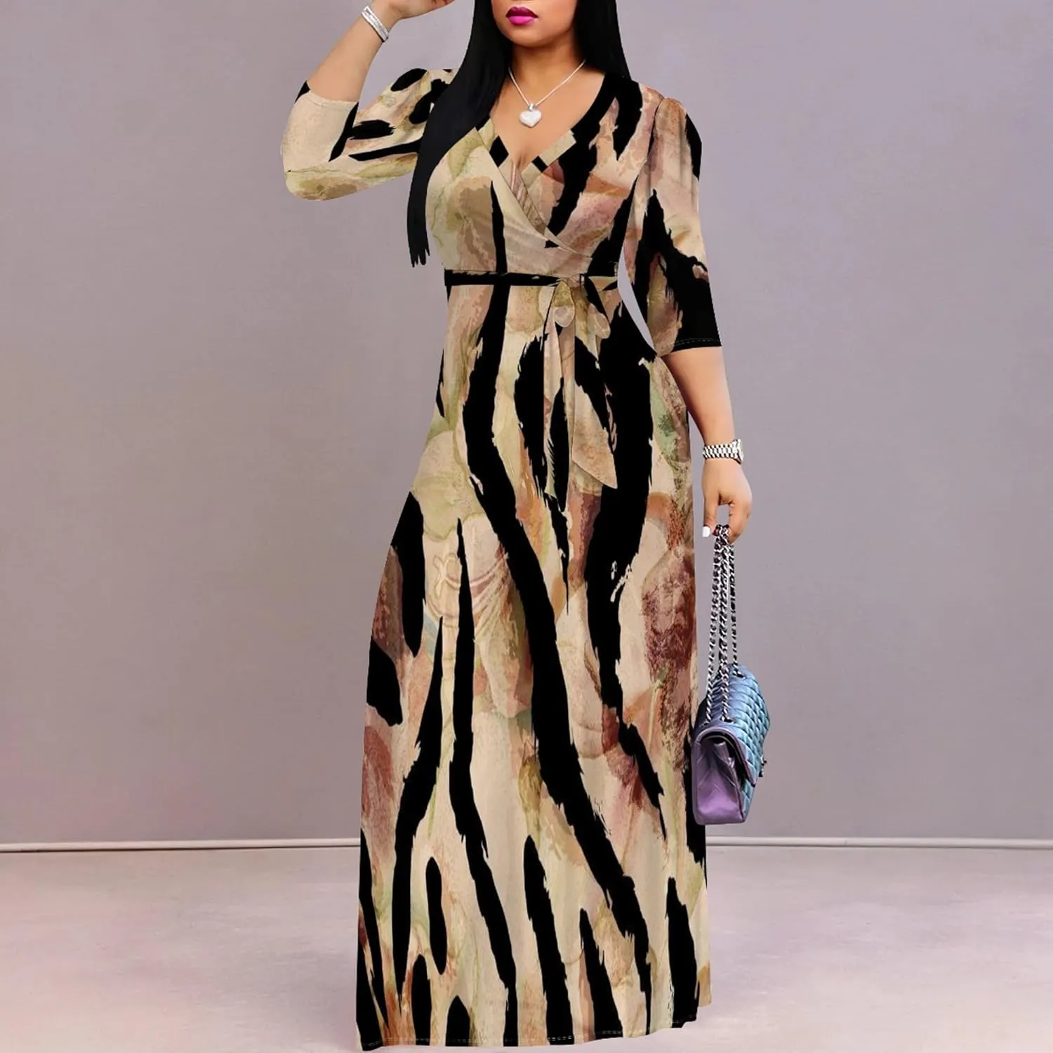 Womens Plus Size Fall Dresses Sexy Bodycon V Neck Maxi Dress Wrap Dress 3/4 Sleeve Boho Casual Floral A-Line Skirts