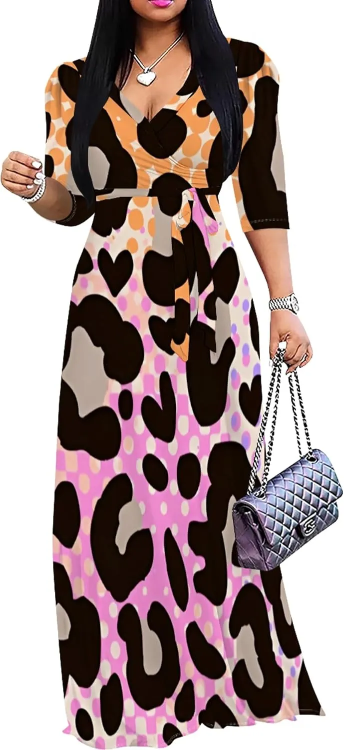 Womens Plus Size Fall Dresses Sexy Bodycon V Neck Maxi Dress Wrap Dress 3/4 Sleeve Boho Casual Floral A-Line Skirts