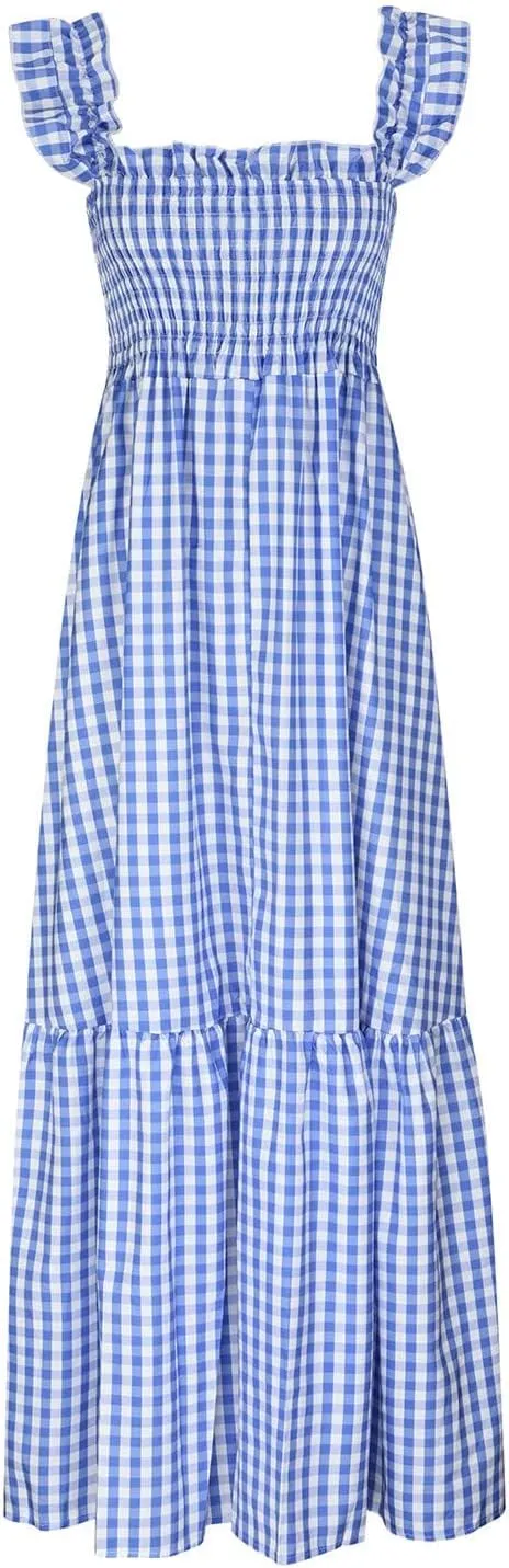 Women's Retro Plaid Smocked Dress Casual Summer Spaghetti Strap Square Neck Maxi Dress Flowy A-Line Long Beach Sundress