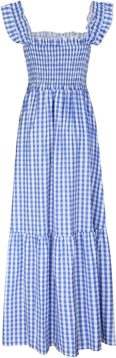 Women's Retro Plaid Smocked Dress Casual Summer Spaghetti Strap Square Neck Maxi Dress Flowy A-Line Long Beach Sundress