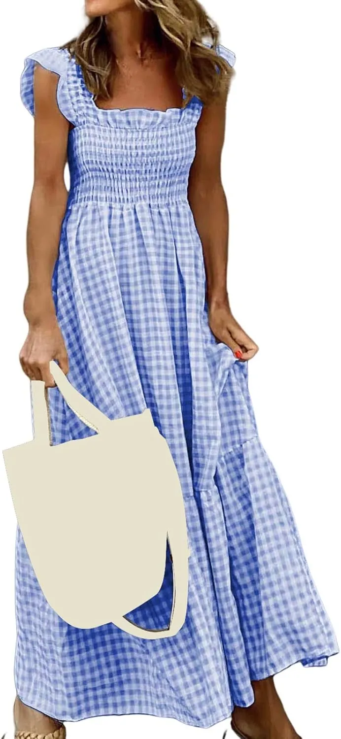 Women's Retro Plaid Smocked Dress Casual Summer Spaghetti Strap Square Neck Maxi Dress Flowy A-Line Long Beach Sundress