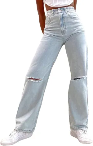 Women's Ripped Boyfriend Jeans High Waisted Baggy Distressed Denim Pants Straight Trousers