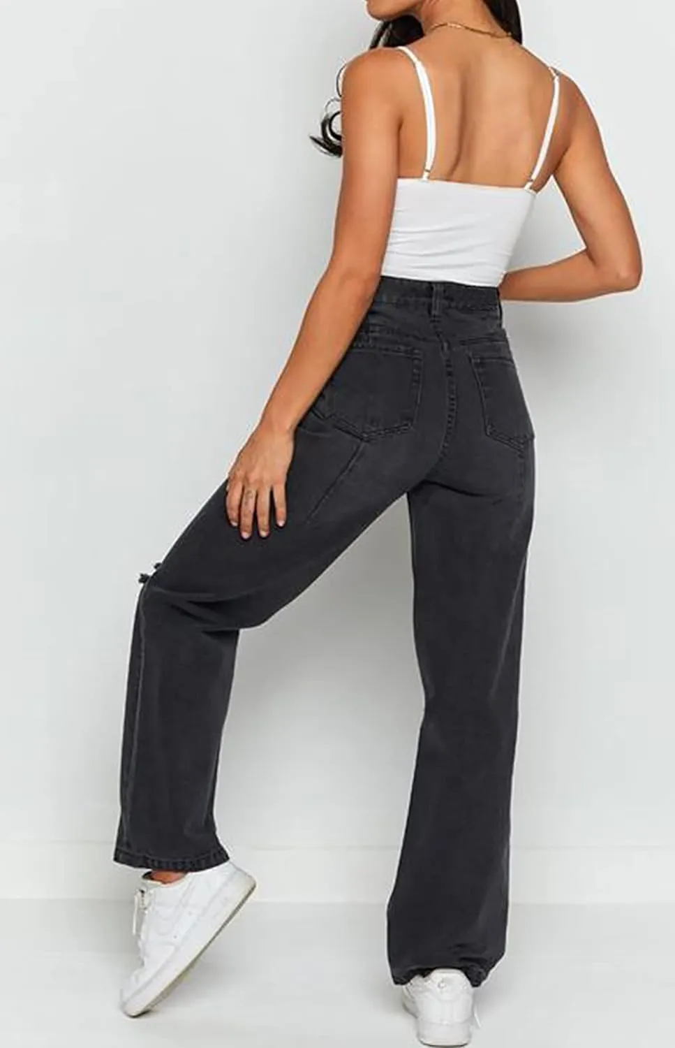 Women's Ripped Boyfriend Jeans High Waisted Baggy Distressed Denim Pants Straight Trousers