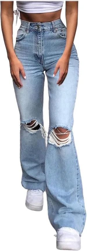 Womens Ripped Jeans High Waisted Y2K Casual Cutout Vintage Denim Long Pants Baggy Wide Leg Summer Pants for Women