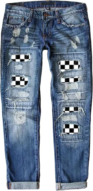 Womens Ripped Jeans Plaid Patch Boyfriend Skinny Middle Waist Distressed Denim Jean Pants