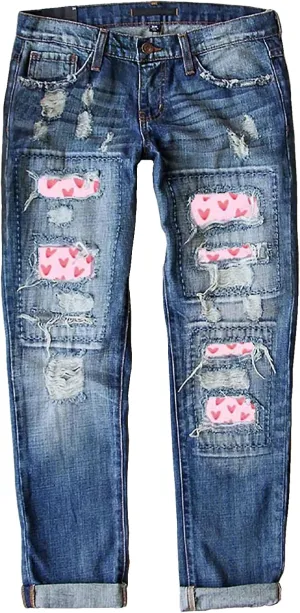 Womens Ripped Jeans Plaid Patch Boyfriend Skinny Middle Waist Distressed Denim Jean Pants