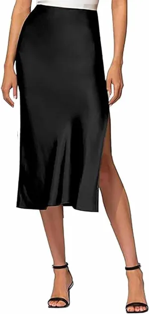 Womens Satin Silk High Waist Slit Midi Skirt Elastic Waistband Midi Skirts Elegant and Handsome Half