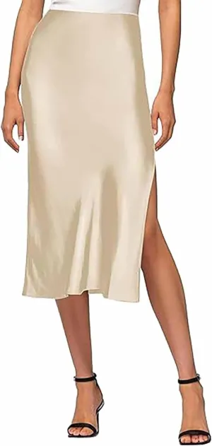 Womens Satin Silk High Waist Slit Midi Skirt Elastic Waistband Midi Skirts Elegant and Handsome Half