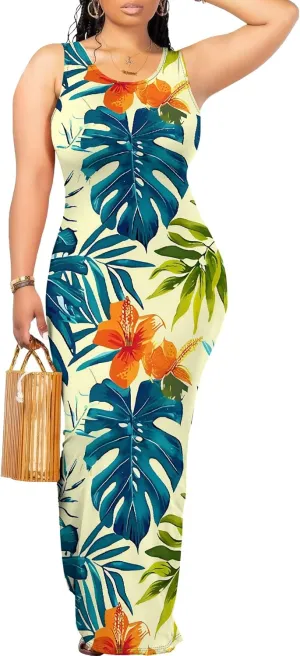 Women's Sexy Bodycon Floral Print Tank Dress Basic Sleeveless Crewneck Long Maxi Dresses Party Club Beach Sundresses