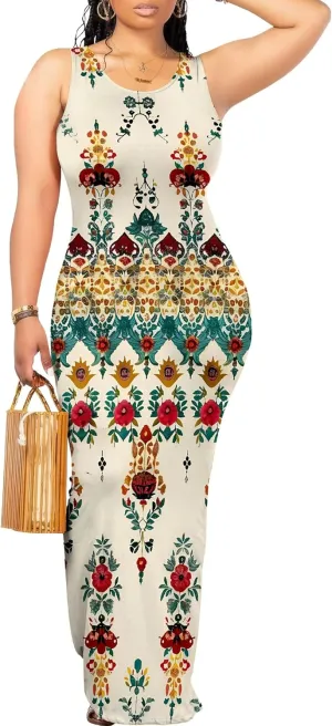 Women's Sexy Bodycon Floral Print Tank Dress Basic Sleeveless Crewneck Long Maxi Dresses Party Club Beach Sundresses