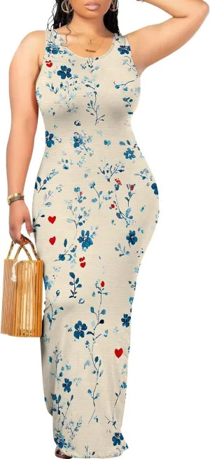 Women's Sexy Bodycon Floral Print Tank Dress Basic Sleeveless Crewneck Long Maxi Dresses Party Club Beach Sundresses