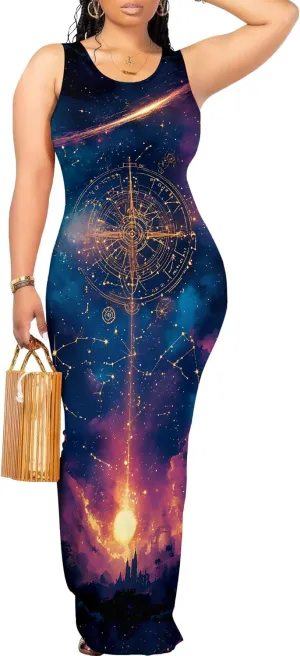 Women's Sexy Bodycon Floral Print Tank Dress Basic Sleeveless Crewneck Long Maxi Dresses Party Club Beach Sundresses