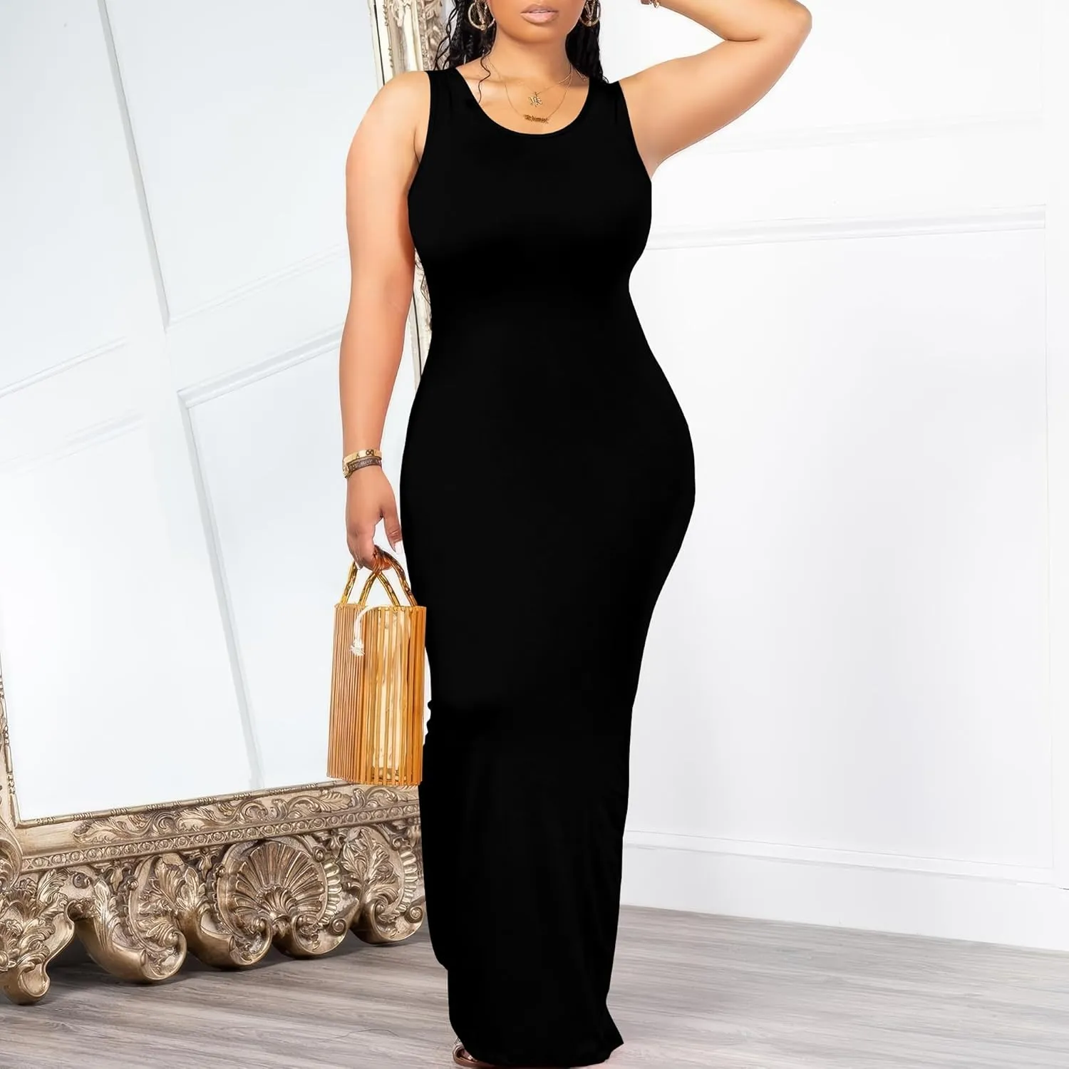Women's Sexy Bodycon Solid Color Tank Dress Basic Sleeveless Crewneck Long Maxi Dresses Party Club Beach Sundresses