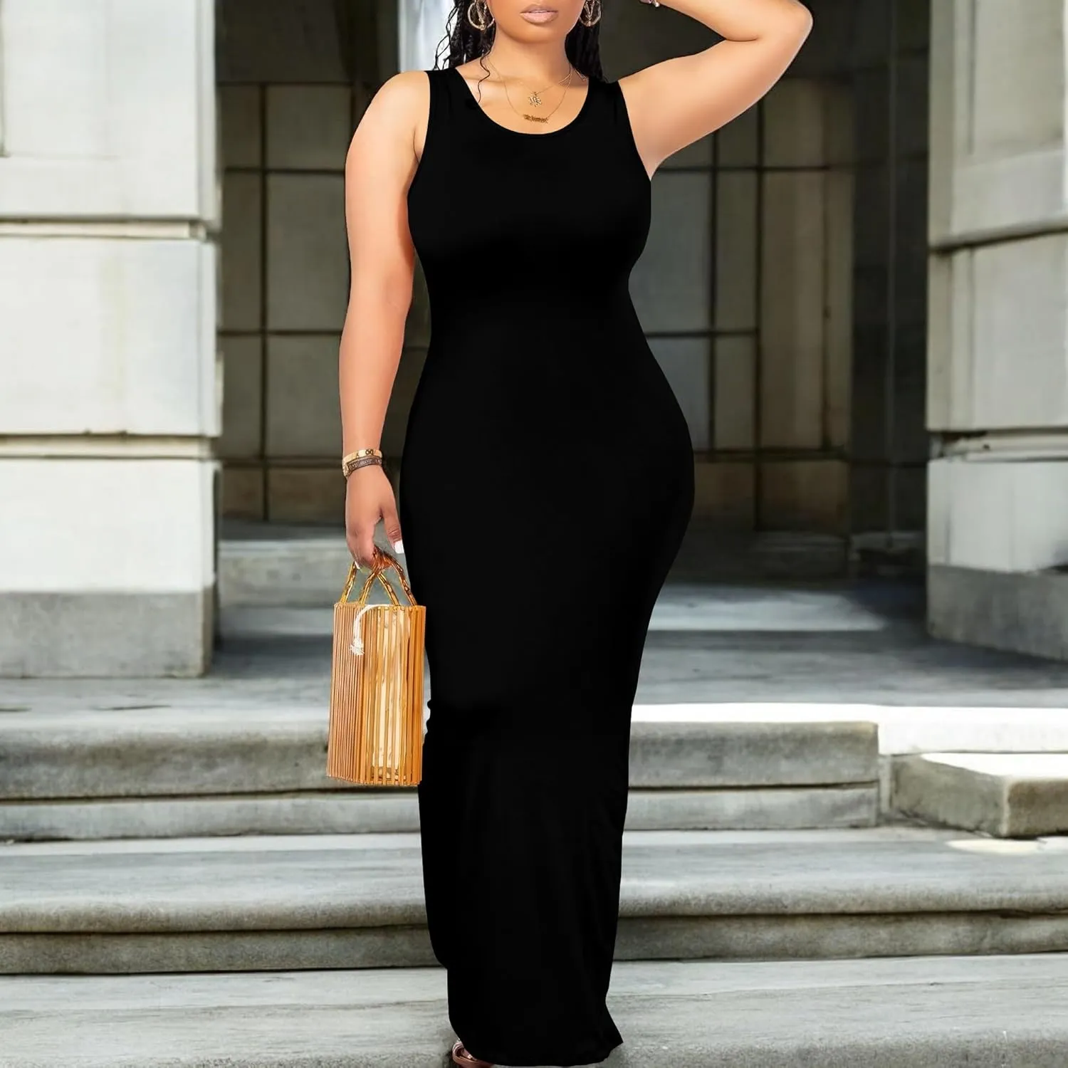 Women's Sexy Bodycon Solid Color Tank Dress Basic Sleeveless Crewneck Long Maxi Dresses Party Club Beach Sundresses
