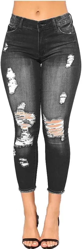 Women's Skinny Ripped Jeans Distressed Destroyed Stretchy Trendy High Waisted Denim Pants