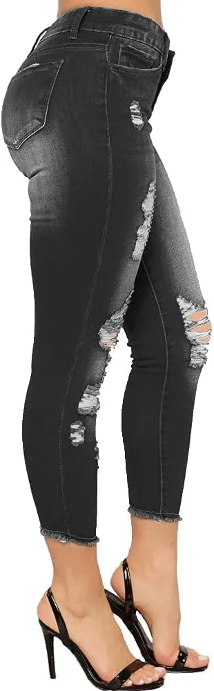 Women's Skinny Ripped Jeans Distressed Destroyed Stretchy Trendy High Waisted Denim Pants