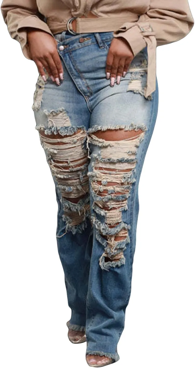 Women's Skinny Ripped Jeans High Waisted Straight Leg Stretchy Distressed Asymmetrical Raw Y2K Denim Pants
