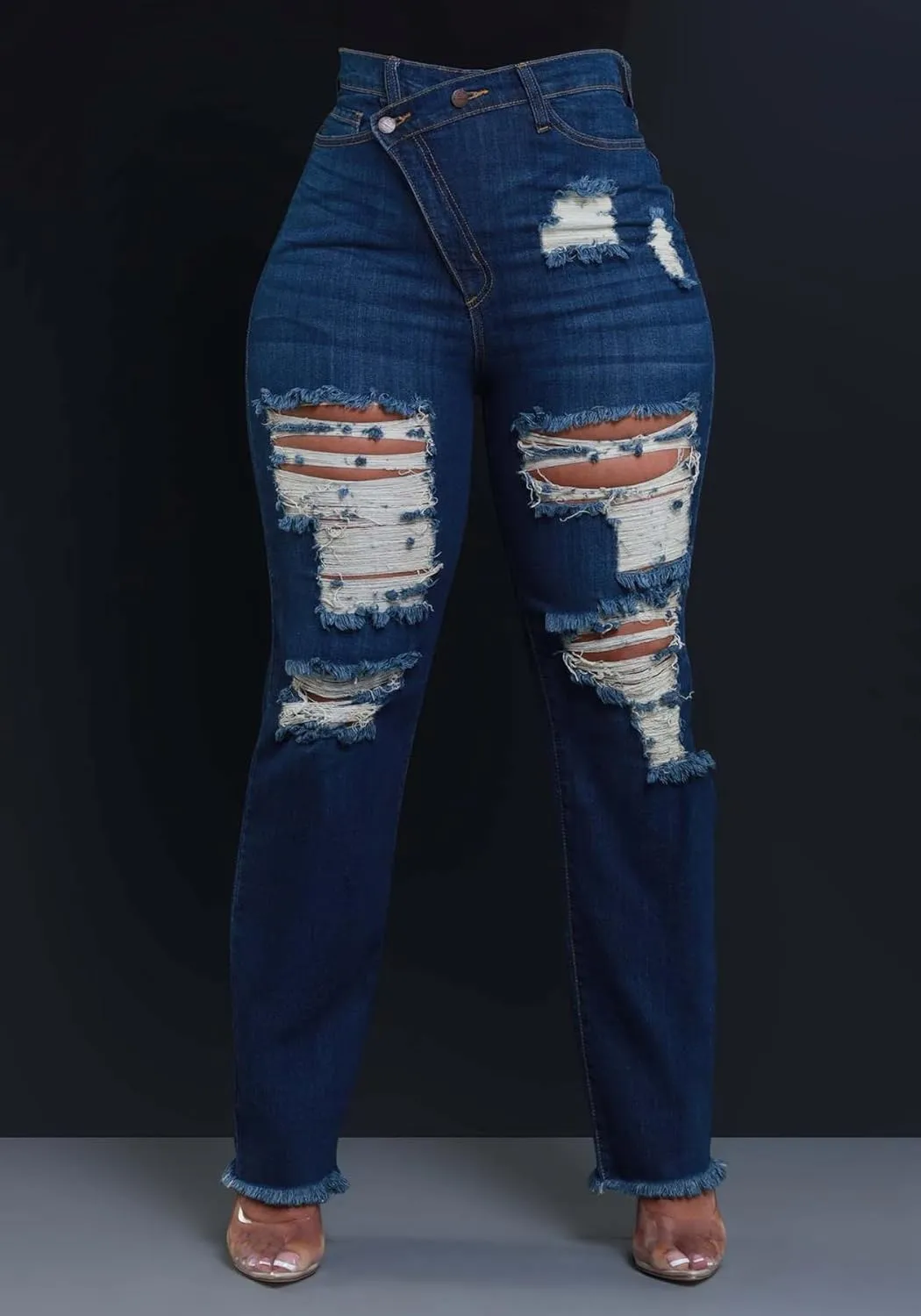 Women's Skinny Ripped Jeans High Waisted Straight Leg Stretchy Distressed Asymmetrical Raw Y2K Denim Pants
