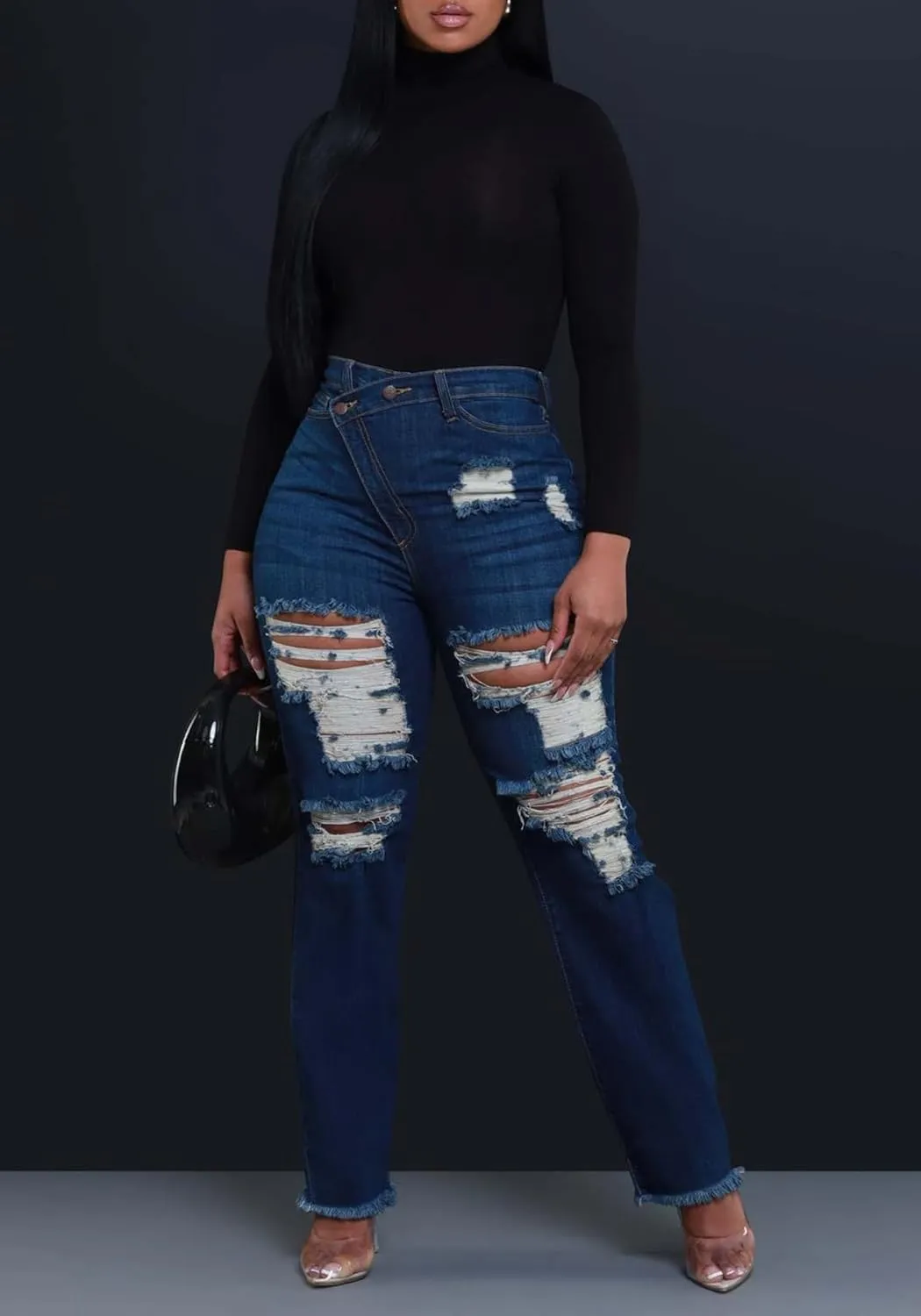 Women's Skinny Ripped Jeans High Waisted Straight Leg Stretchy Distressed Asymmetrical Raw Y2K Denim Pants