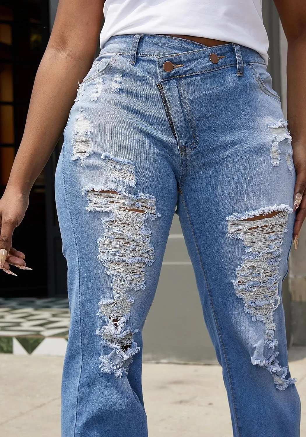 Women's Skinny Ripped Jeans High Waisted Straight Leg Stretchy Distressed Asymmetrical Raw Y2K Denim Pants