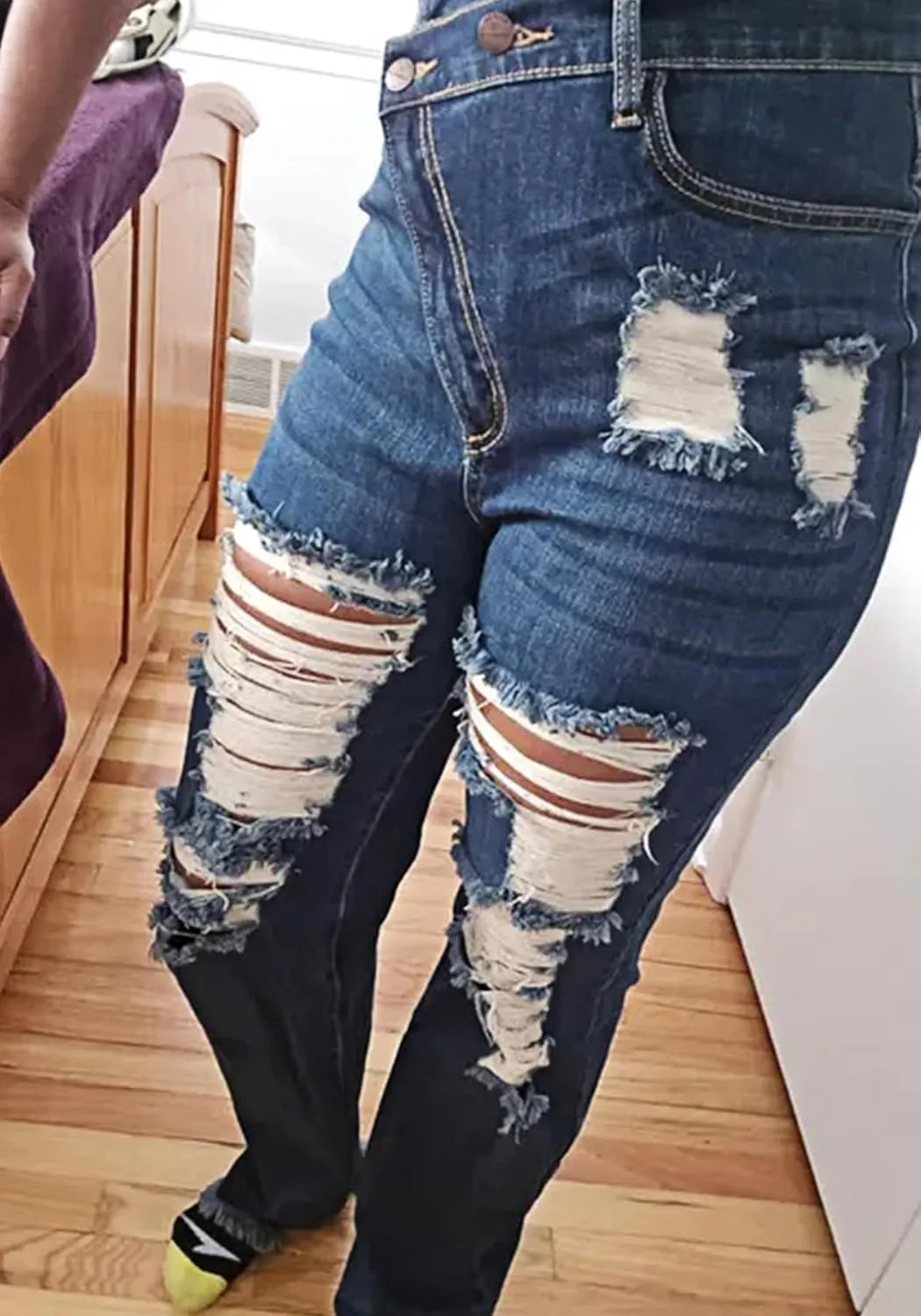 Women's Skinny Ripped Jeans High Waisted Straight Leg Stretchy Distressed Asymmetrical Raw Y2K Denim Pants