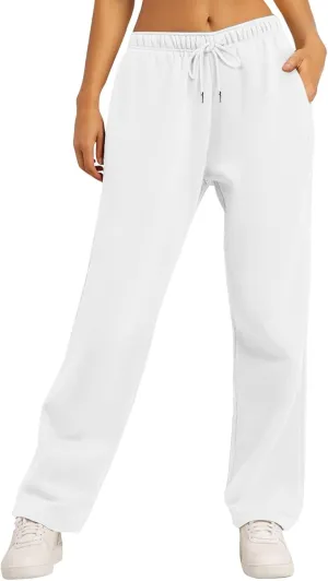 Women's Solid Color Athletic Trousers Casual High Waist Sports Fleece Pants Wide Leg Straight with Pockets Sweatpants