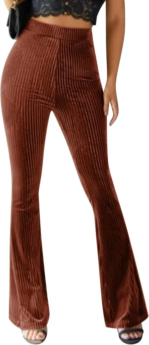 Women's Solid High Waist Mermaid Ruffle Flare Pants Casual Stretchy 70's Disco Bell Bottom Wide Leg Leggings Yoga Trousers