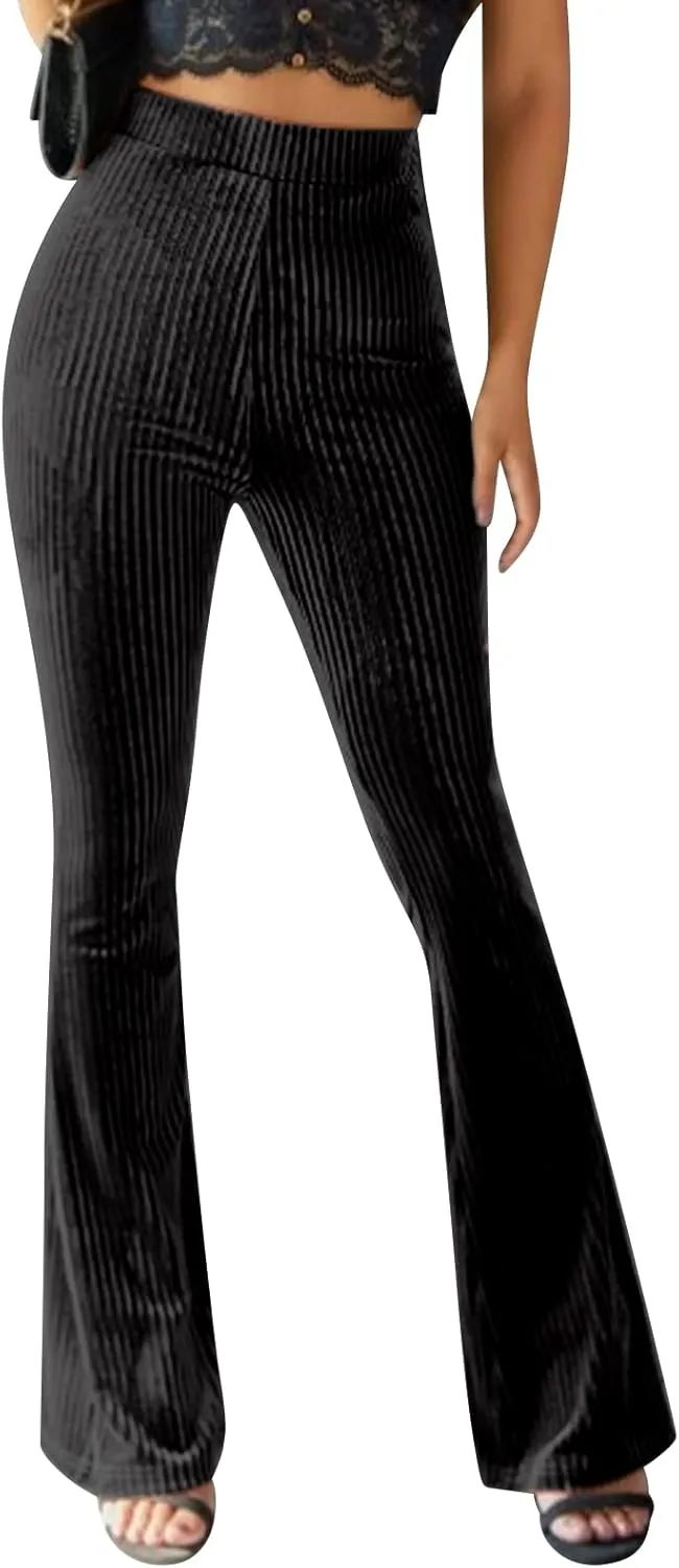 Women's Solid High Waist Mermaid Ruffle Flare Pants Casual Stretchy 70's Disco Bell Bottom Wide Leg Leggings Yoga Trousers