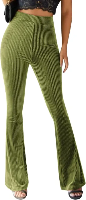 Women's Solid High Waist Mermaid Ruffle Flare Pants Casual Stretchy 70's Disco Bell Bottom Wide Leg Leggings Yoga Trousers