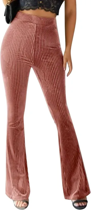 Women's Solid High Waist Mermaid Ruffle Flare Pants Casual Stretchy 70's Disco Bell Bottom Wide Leg Leggings Yoga Trousers