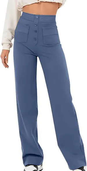 Women's Spring 2025 Pants Casual High Waist Straight Leg Pant Business Button Down Work Pants Trousers with Pockets